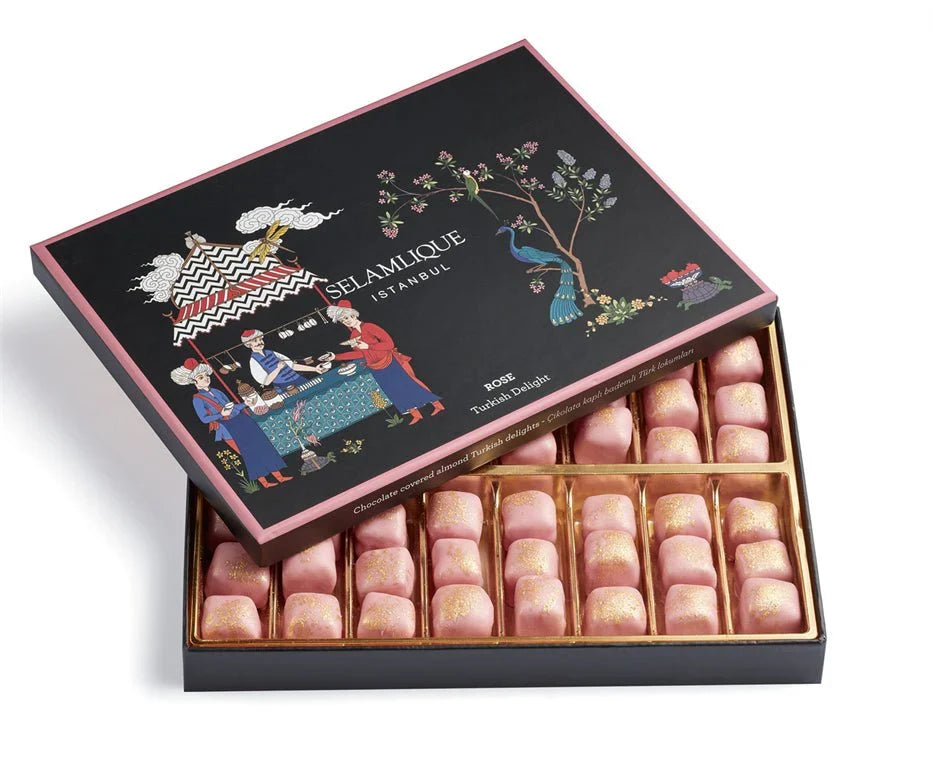 Selamlique Rose Turkish Delight - Chocolate Covered Almond Rose Delight Sprinkled with Gold Dust