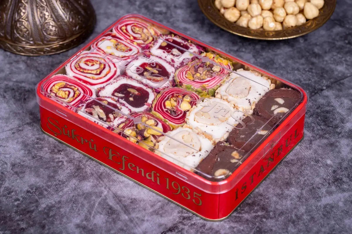 Sukru Efendi 1935 | Mix Turkish Delight Wraps with Pistachio and Hazelnut in Gift Metal Box